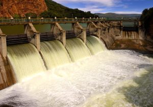 Release of water at a dam wall.